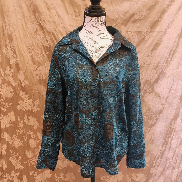 Coldwater Creek, Black and Blue Floral Button Up Blouse, XL, Like New! - Picture 1 of 4